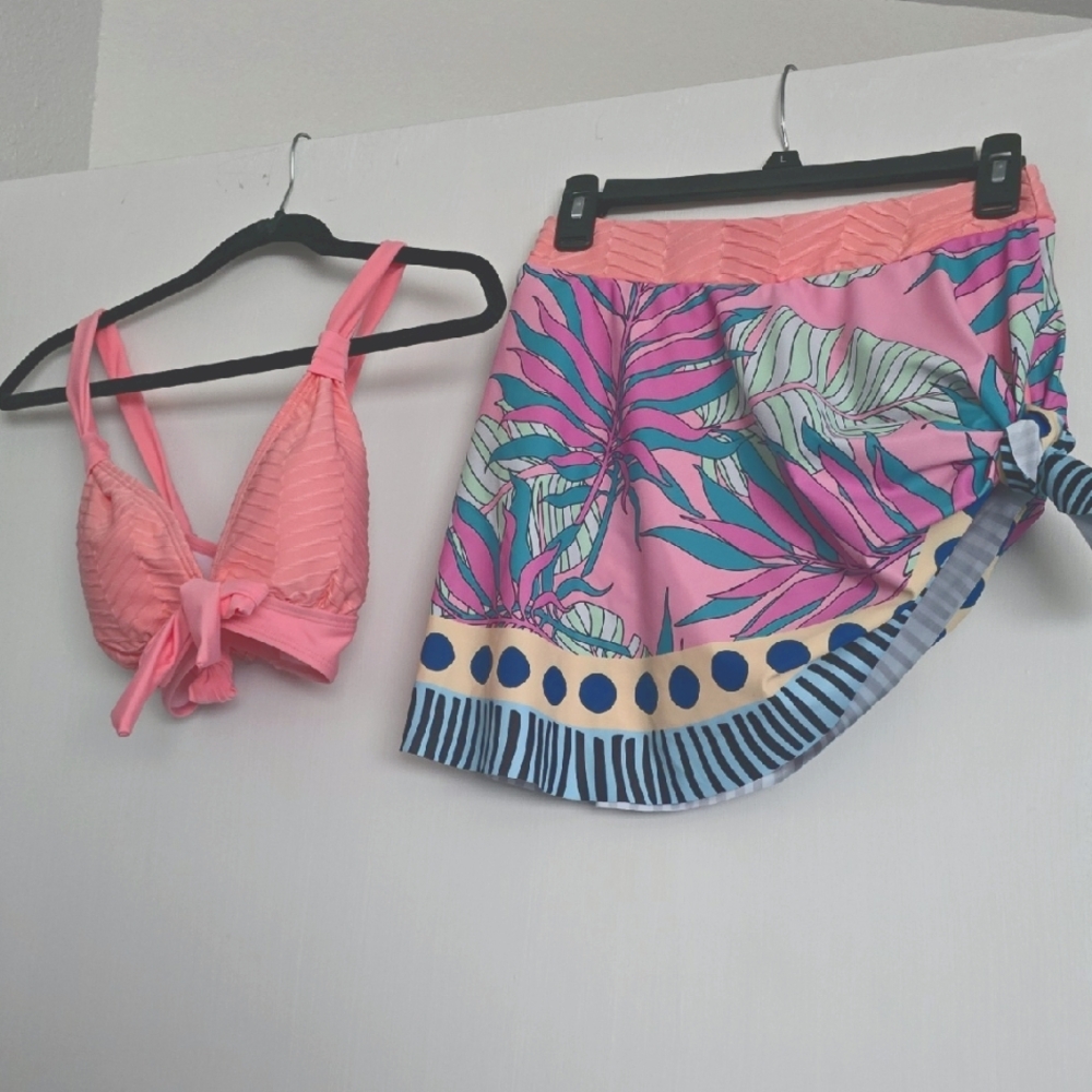 Pink and Blue Leaf Print Bikini Set Sz Small